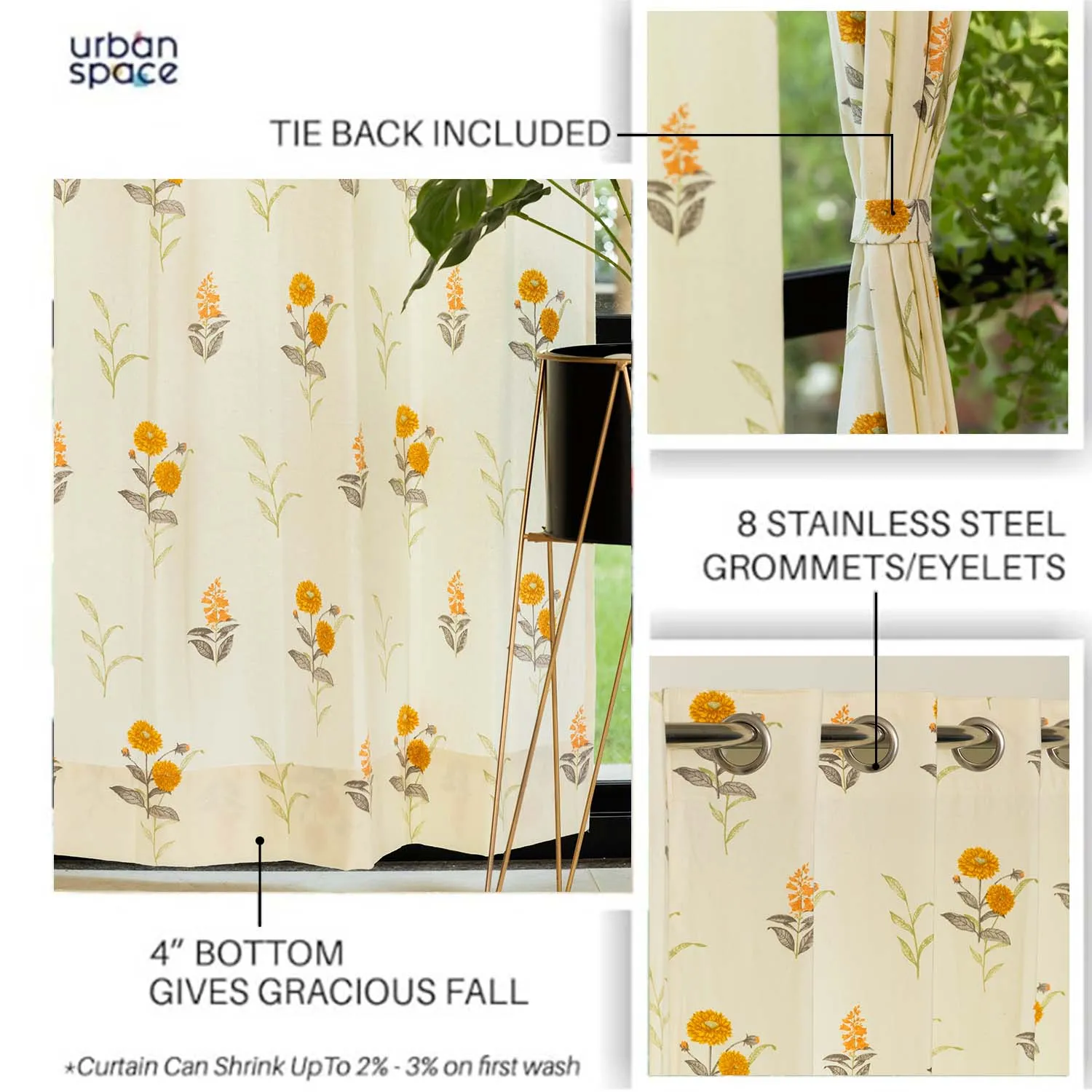 100% Cotton Curtains for Living Room, Bedroom curtains - Pack of 2 curtains, Cotton Coneflower - Yellow