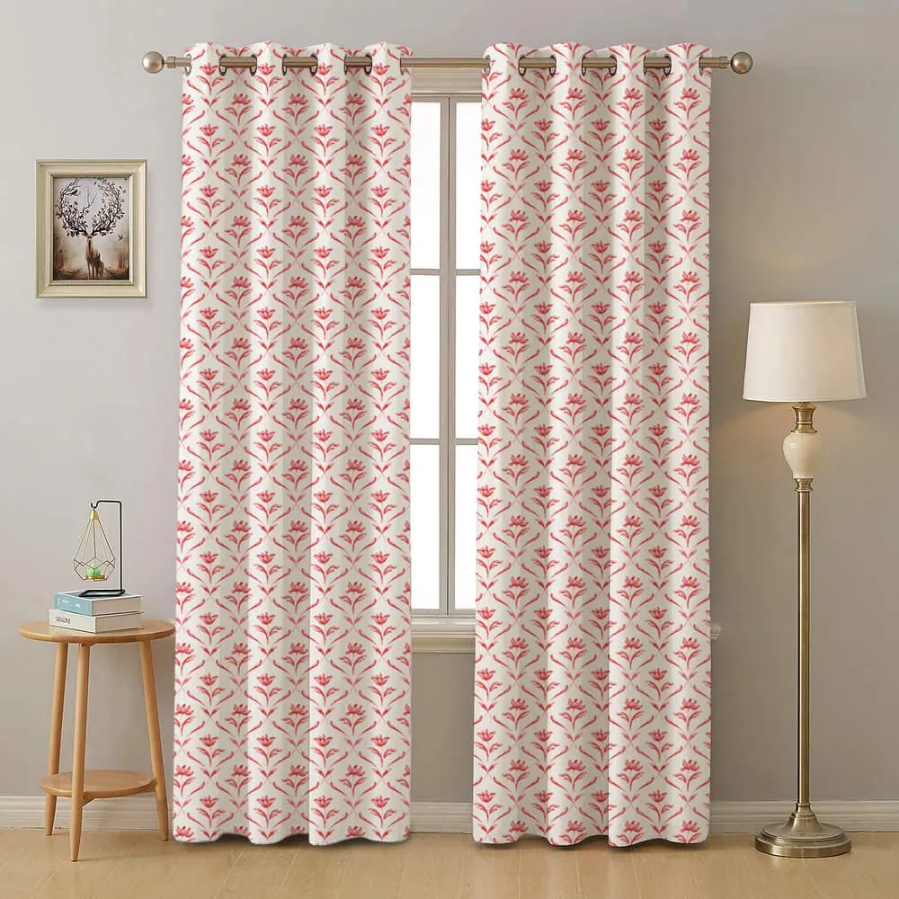 100% Cotton Curtains for Living Room, Bedroom curtains - Pack of 2 curtains, Water Lily - Red