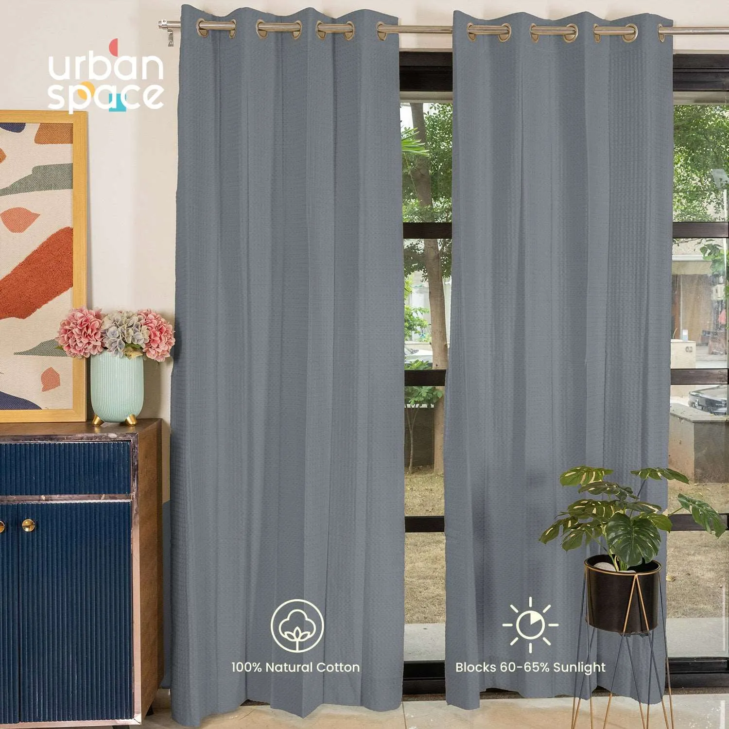 100% Cotton Waffle weave Curtains, 60-65% Room Darkening Curtain - Pack of 2 - Cool Grey