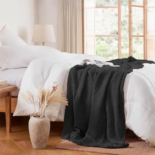 100% Organic Cotton Muslin Throw Blanket, Soft Cozy Bed Throw Blanket for Adults Baby, 4 Layers Lightweight Breathable Gauze Blankets with Tassel for Couch, Sofa, Living Room, Bedroom - Black