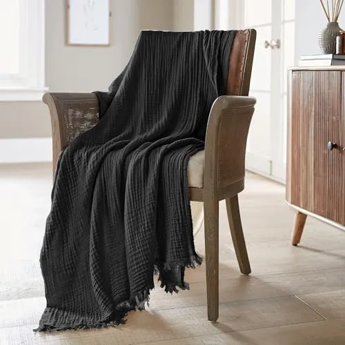 100% Organic Cotton Muslin Throw Blanket, Soft Cozy Bed Throw Blanket for Adults Baby, 4 Layers Lightweight Breathable Gauze Blankets with Tassel for Couch, Sofa, Living Room, Bedroom - Black