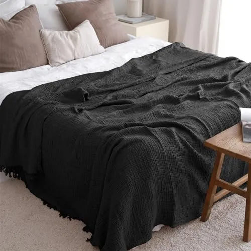 100% Organic Cotton Muslin Throw Blanket, Soft Cozy Bed Throw Blanket for Adults Baby, 4 Layers Lightweight Breathable Gauze Blankets with Tassel for Couch, Sofa, Living Room, Bedroom - Black