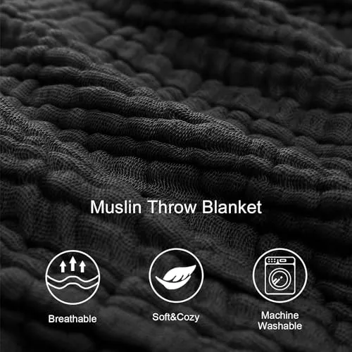 100% Organic Cotton Muslin Throw Blanket, Soft Cozy Bed Throw Blanket for Adults Baby, 4 Layers Lightweight Breathable Gauze Blankets with Tassel for Couch, Sofa, Living Room, Bedroom - Black