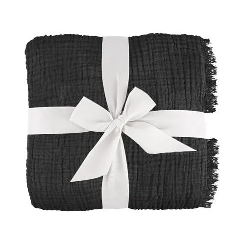 100% Organic Cotton Muslin Throw Blanket, Soft Cozy Bed Throw Blanket for Adults Baby, 4 Layers Lightweight Breathable Gauze Blankets with Tassel for Couch, Sofa, Living Room, Bedroom - Black