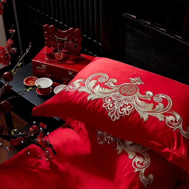 4/8PCS Luxury Dragon Phoenix Embroidered Bedding Set - 100% Cotton Chinese Wedding Red Duvet Cover & Pillowcases