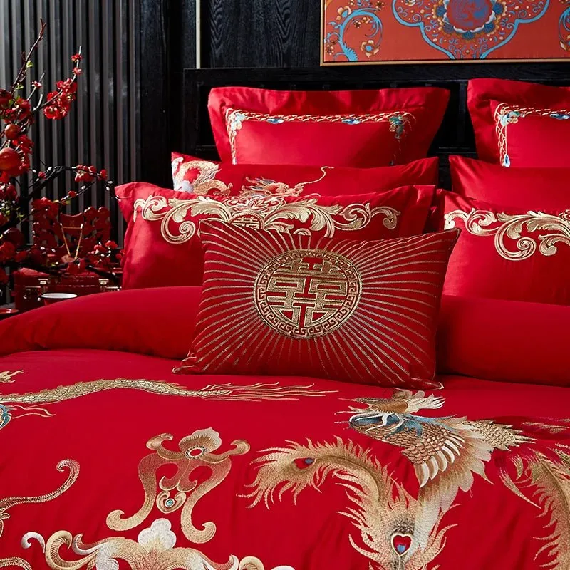 4/8PCS Luxury Dragon Phoenix Embroidered Bedding Set - 100% Cotton Chinese Wedding Red Duvet Cover & Pillowcases