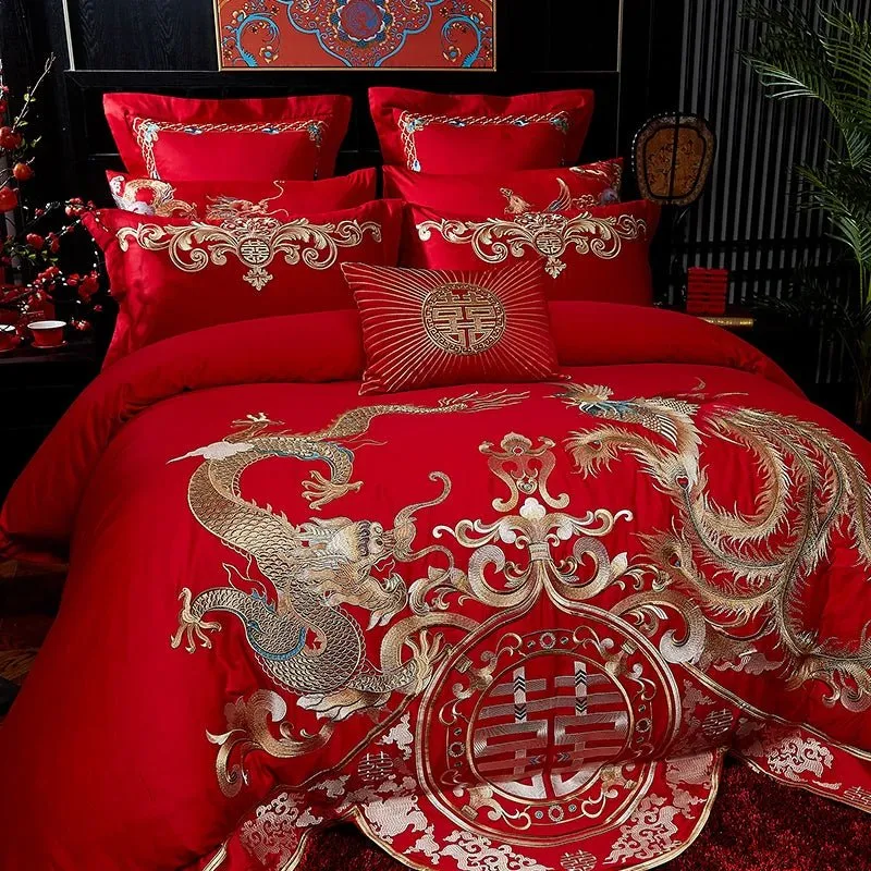 4/8PCS Luxury Dragon Phoenix Embroidered Bedding Set - 100% Cotton Chinese Wedding Red Duvet Cover & Pillowcases