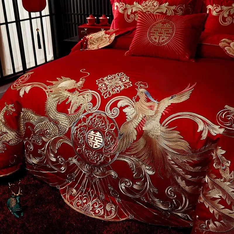 4/8PCS Luxury Dragon Phoenix Embroidered Bedding Set - 100% Cotton Chinese Wedding Red Duvet Cover & Pillowcases