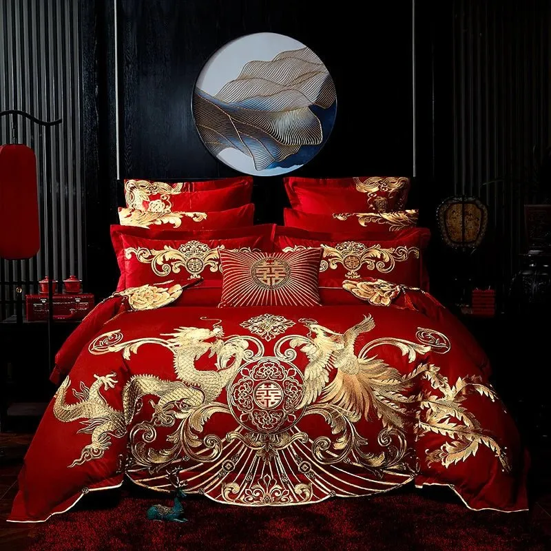 4/8PCS Luxury Dragon Phoenix Embroidered Bedding Set - 100% Cotton Chinese Wedding Red Duvet Cover & Pillowcases