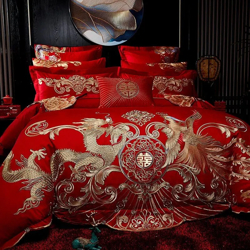 4/8PCS Luxury Dragon Phoenix Embroidered Bedding Set - 100% Cotton Chinese Wedding Red Duvet Cover & Pillowcases