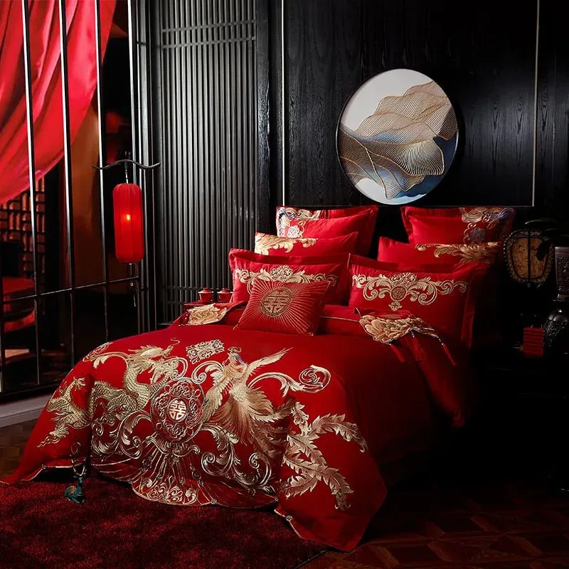 4/8PCS Luxury Dragon Phoenix Embroidered Bedding Set - 100% Cotton Chinese Wedding Red Duvet Cover & Pillowcases