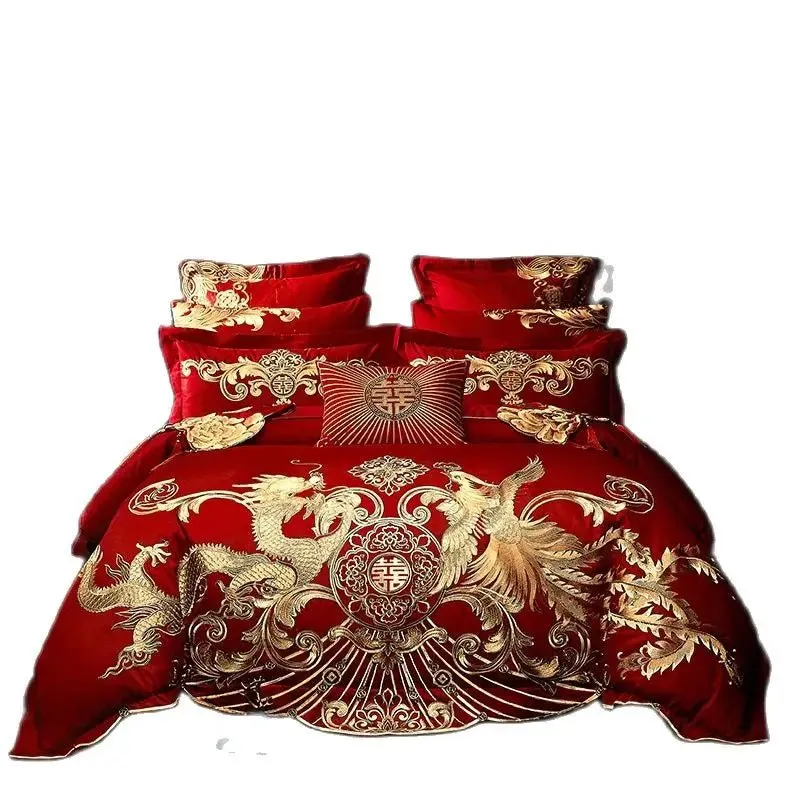 4/8PCS Luxury Dragon Phoenix Embroidered Bedding Set - 100% Cotton Chinese Wedding Red Duvet Cover & Pillowcases