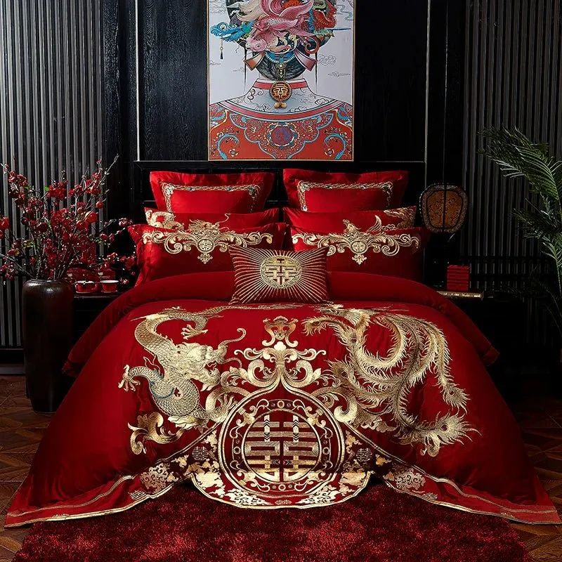 4/8PCS Luxury Dragon Phoenix Embroidered Bedding Set - 100% Cotton Chinese Wedding Red Duvet Cover & Pillowcases