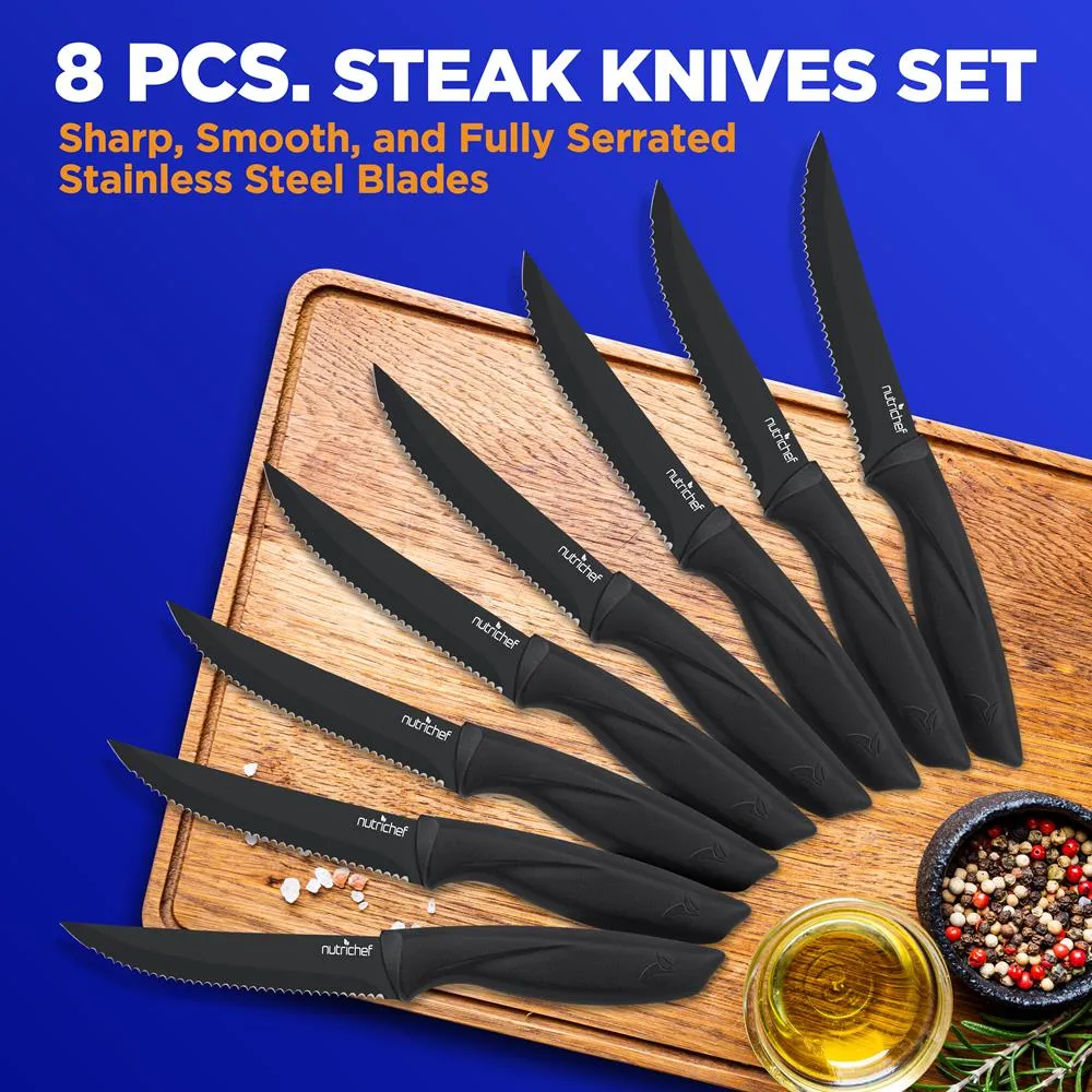 8 Pcs. Steak Knives Set - Non-Stick Coating Knives Set With Stainless Steel Blades, Unbreakable Knives, Great For Bbq Grill (Black)