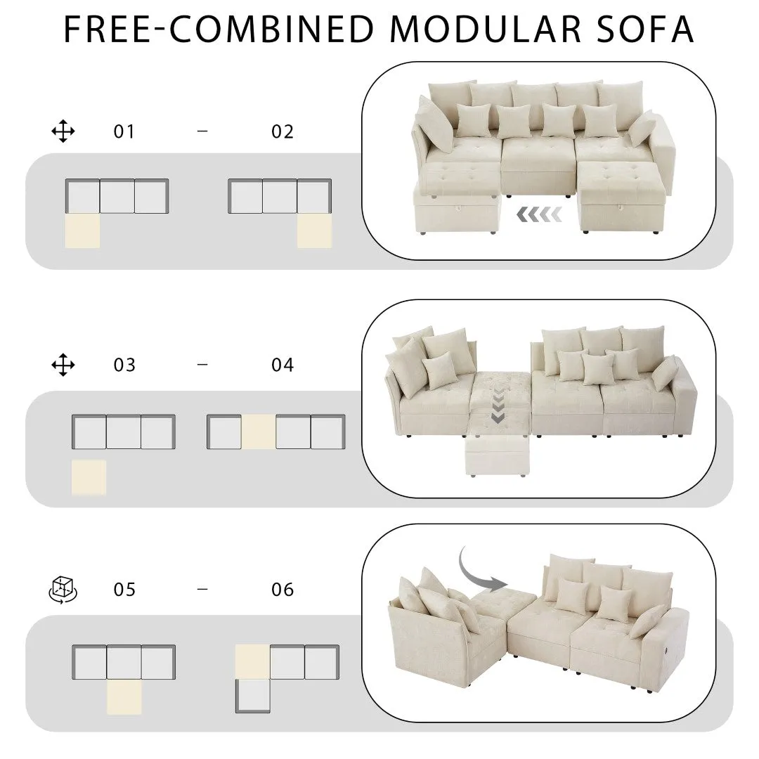 96.45" Modular Sectional Sofa with 3 USB Ports, Removable Ottoman, 5 Pillows - Beige