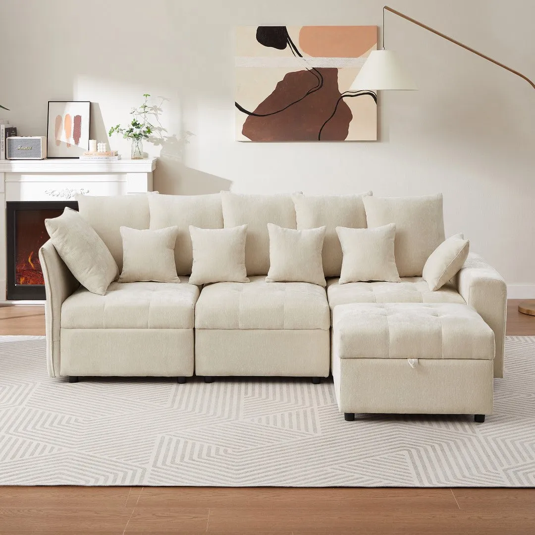 96.45" Modular Sectional Sofa with 3 USB Ports, Removable Ottoman, 5 Pillows - Beige