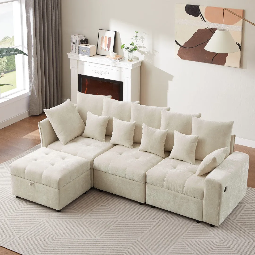 96.45" Modular Sectional Sofa with 3 USB Ports, Removable Ottoman, 5 Pillows - Beige