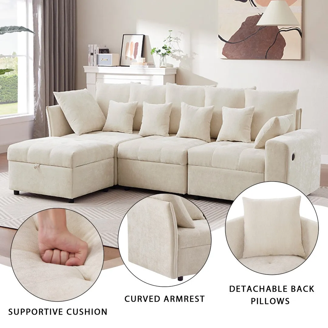 96.45" Modular Sectional Sofa with 3 USB Ports, Removable Ottoman, 5 Pillows - Beige