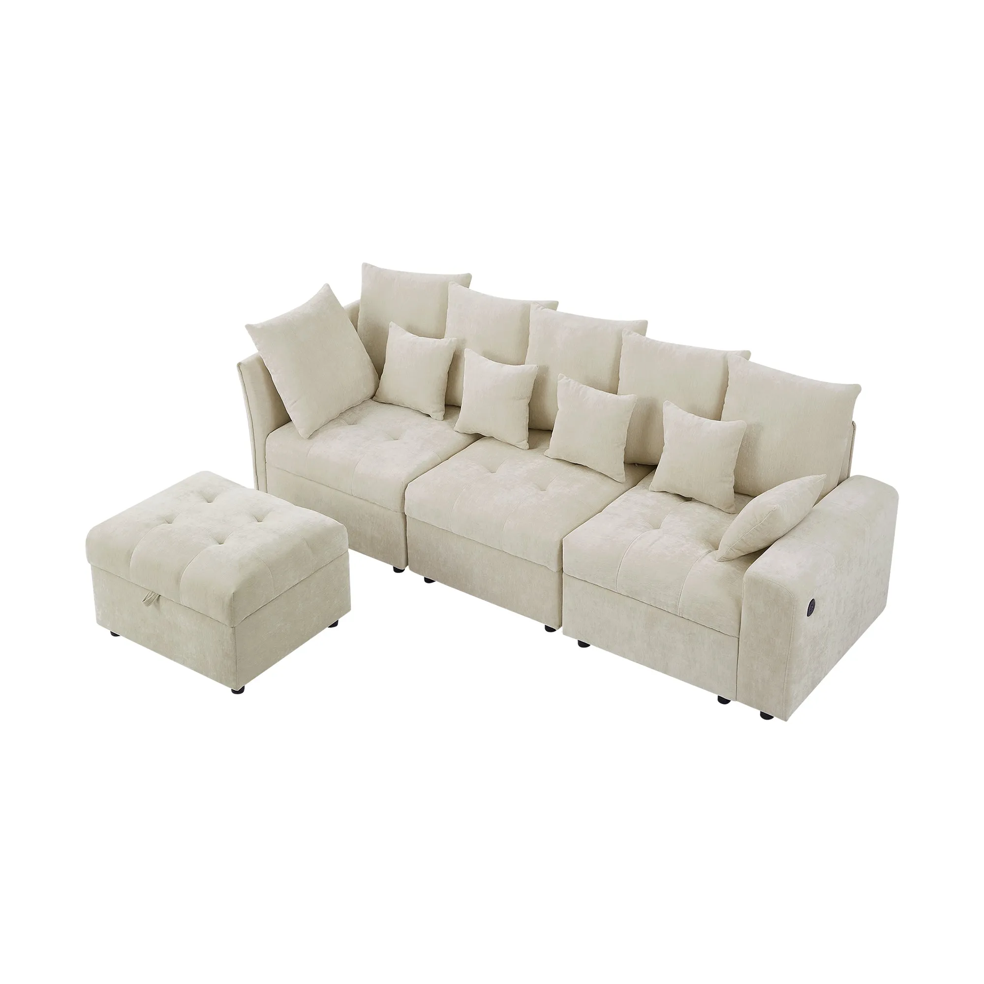 96.45" Modular Sectional Sofa with 3 USB Ports, Removable Ottoman, 5 Pillows - Beige