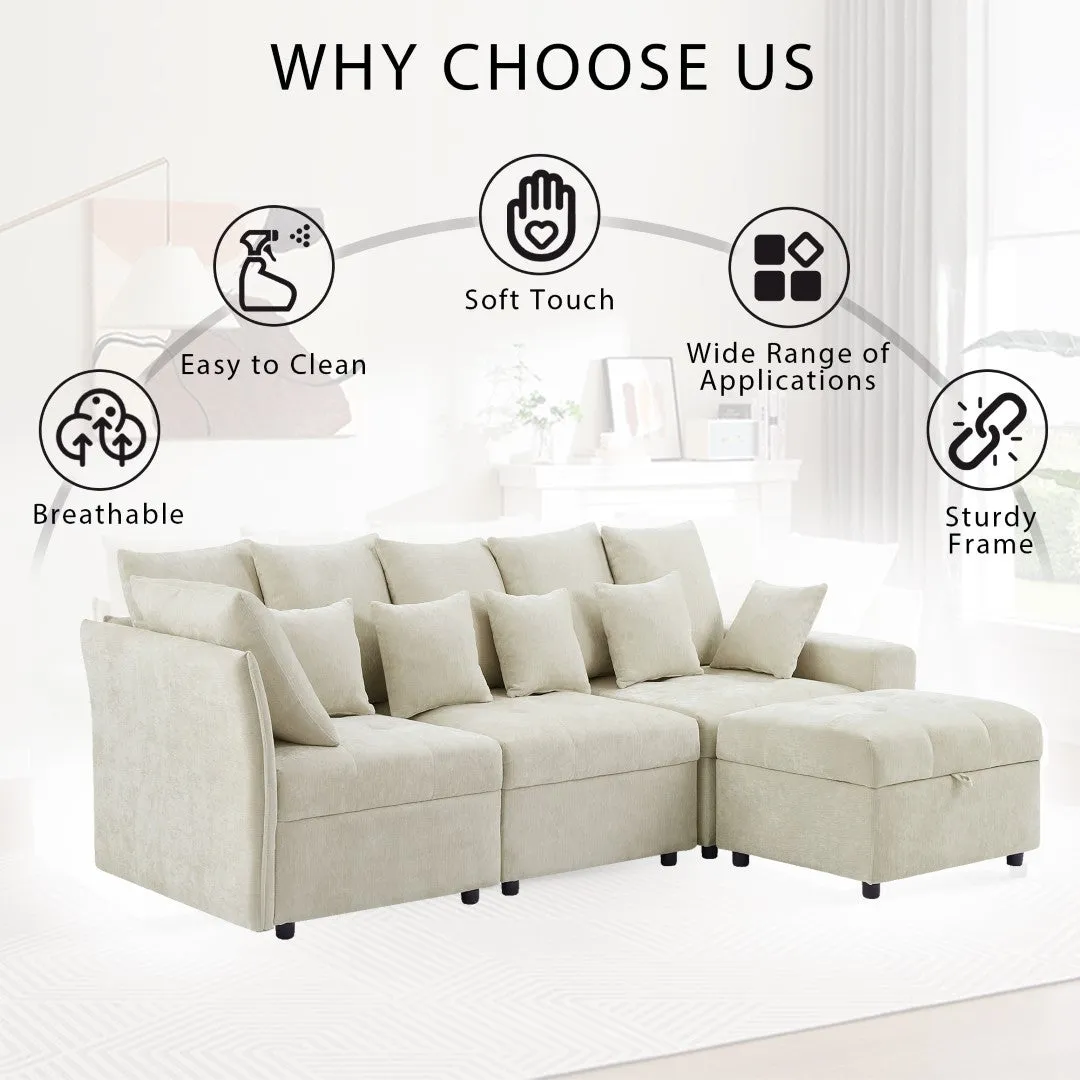 96.45" Modular Sectional Sofa with 3 USB Ports, Removable Ottoman, 5 Pillows - Beige