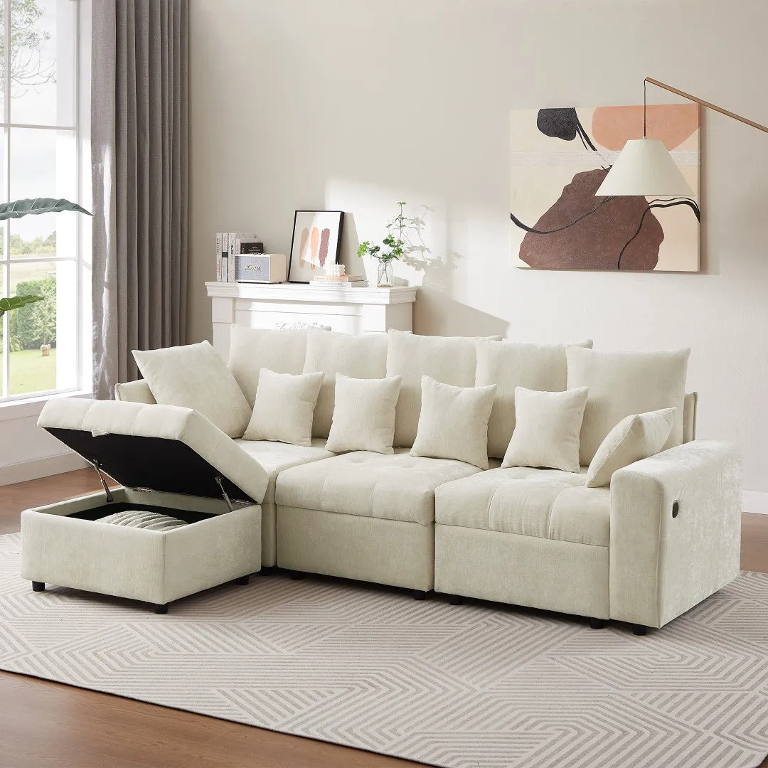 96.45" Modular Sectional Sofa with 3 USB Ports, Removable Ottoman, 5 Pillows - Beige