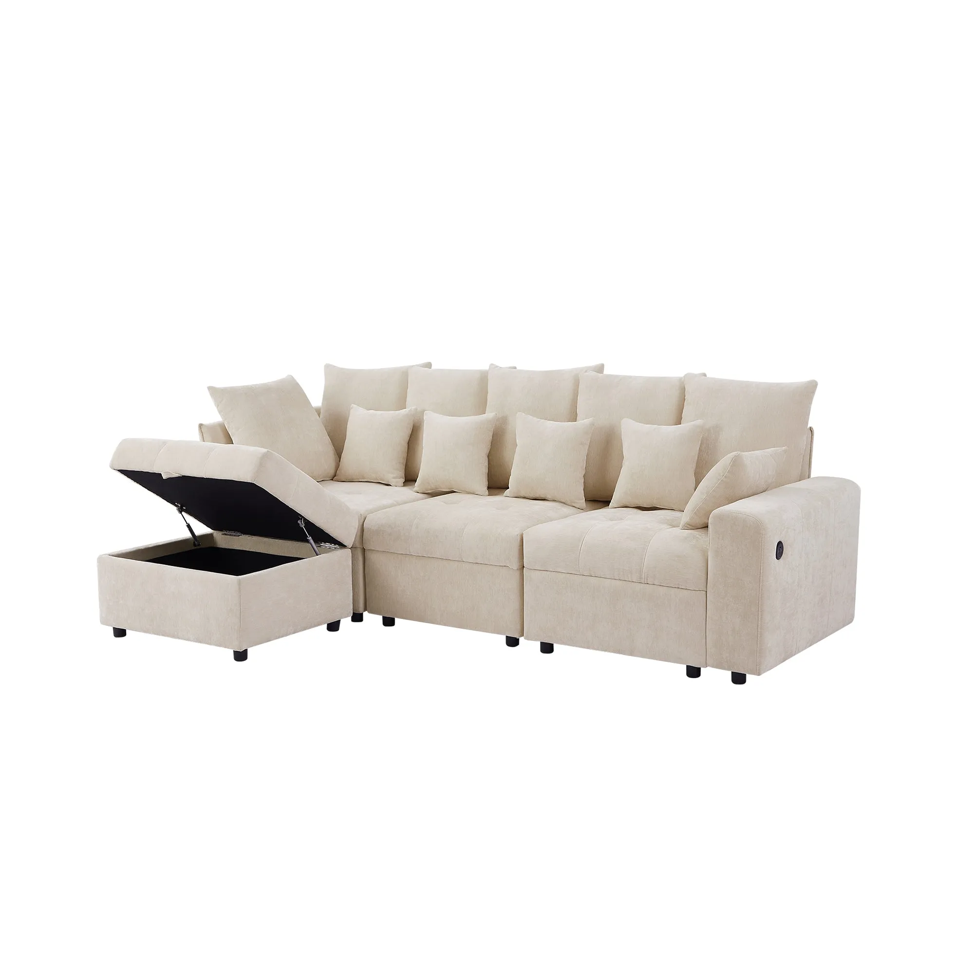 96.45" Modular Sectional Sofa with 3 USB Ports, Removable Ottoman, 5 Pillows - Beige