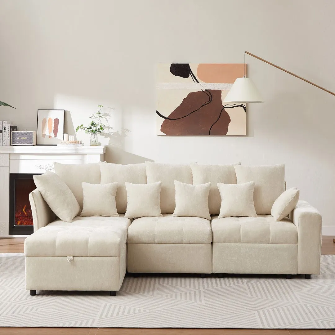 96.45" Modular Sectional Sofa with 3 USB Ports, Removable Ottoman, 5 Pillows - Beige