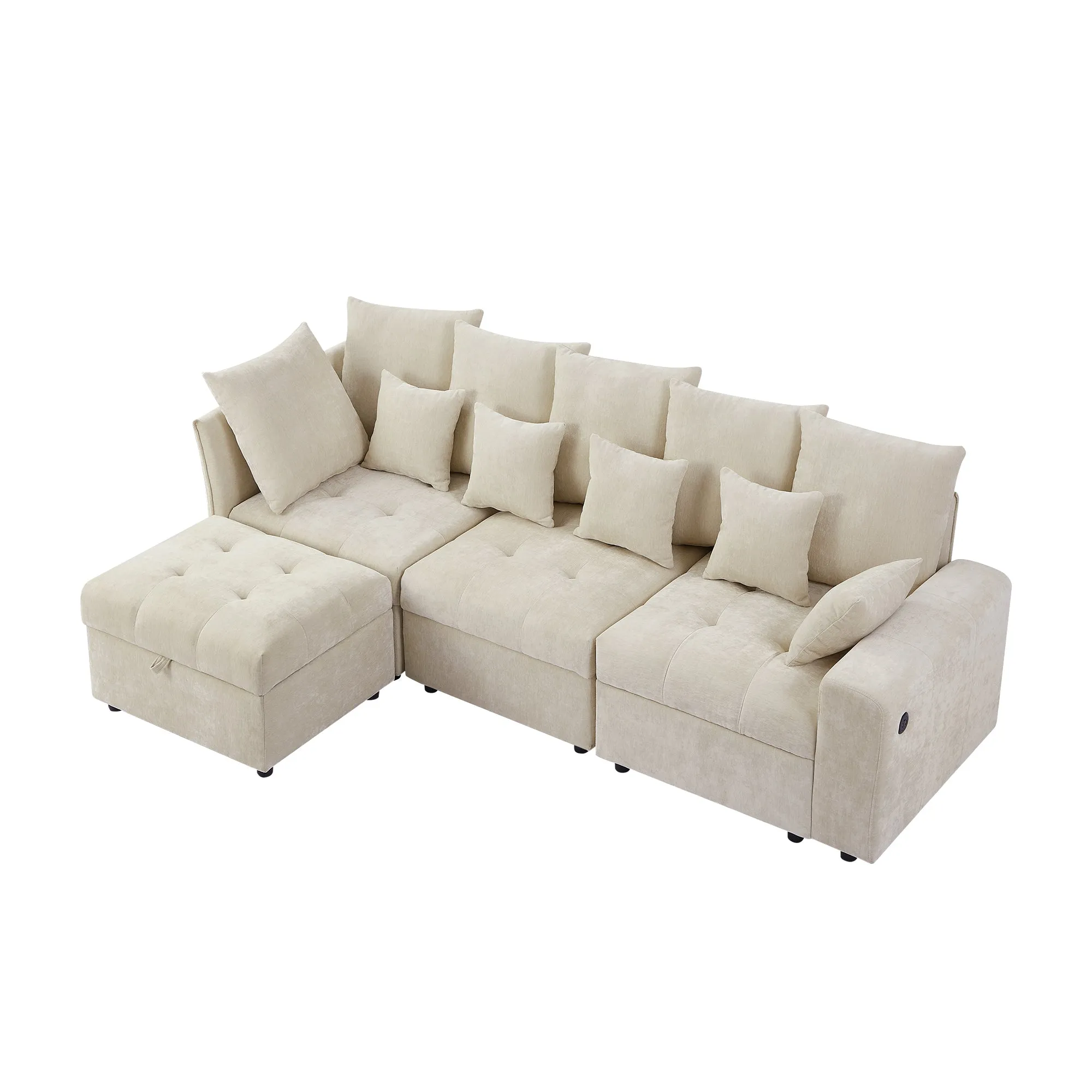 96.45" Modular Sectional Sofa with 3 USB Ports, Removable Ottoman, 5 Pillows - Beige