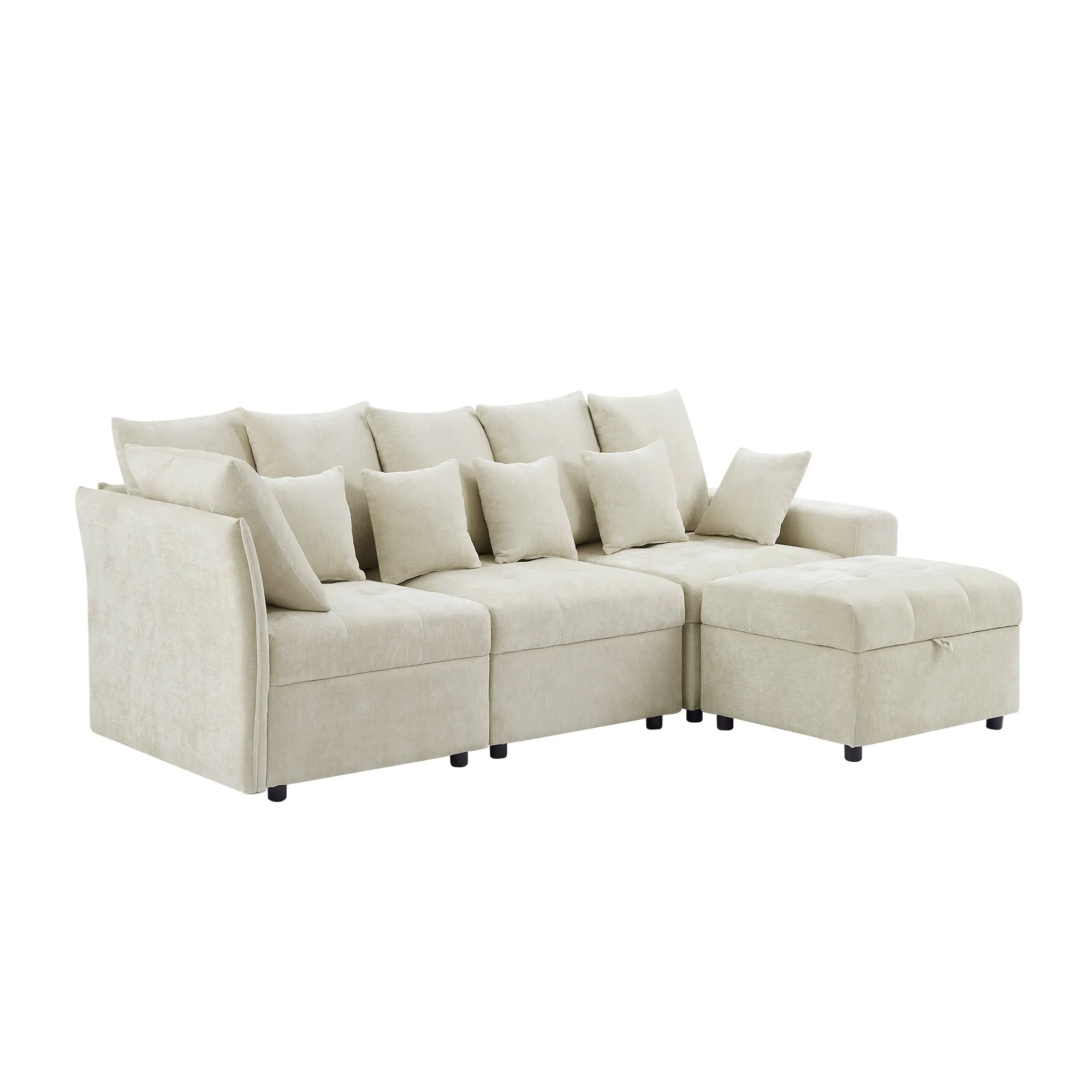 96.45" Modular Sectional Sofa with 3 USB Ports, Removable Ottoman, 5 Pillows - Beige