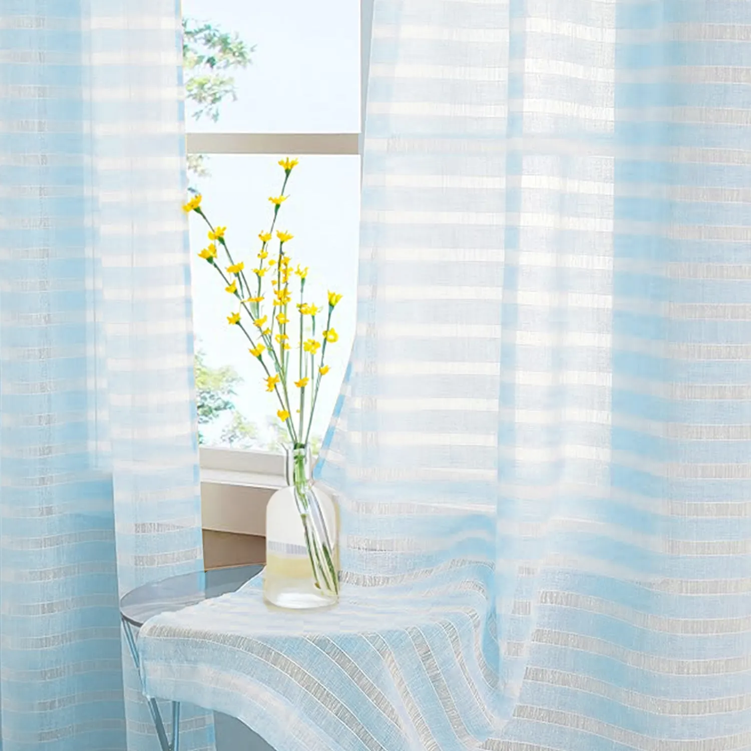 Aari Collection Embriodered Sheer Curtains, 35-40 % Light Filtering Curtains - Pack of 2 - Horizontal Weaves SkyBlue