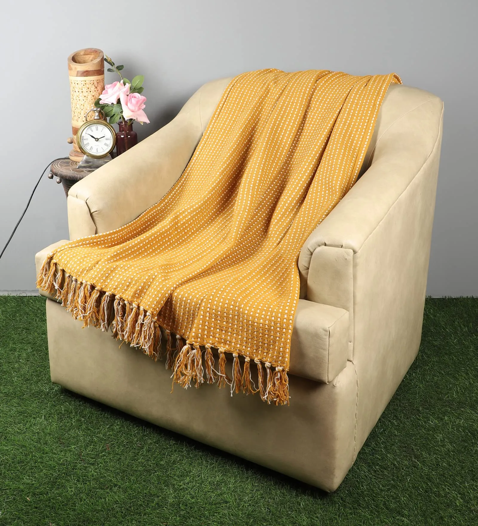 Ambbi Collections Pure Cotton Reversible Throw for Sofa,Bed and Couch |52x68 INCHES |132x173 cm | (Pack of 1) Hand Knitted (Dark yellow)