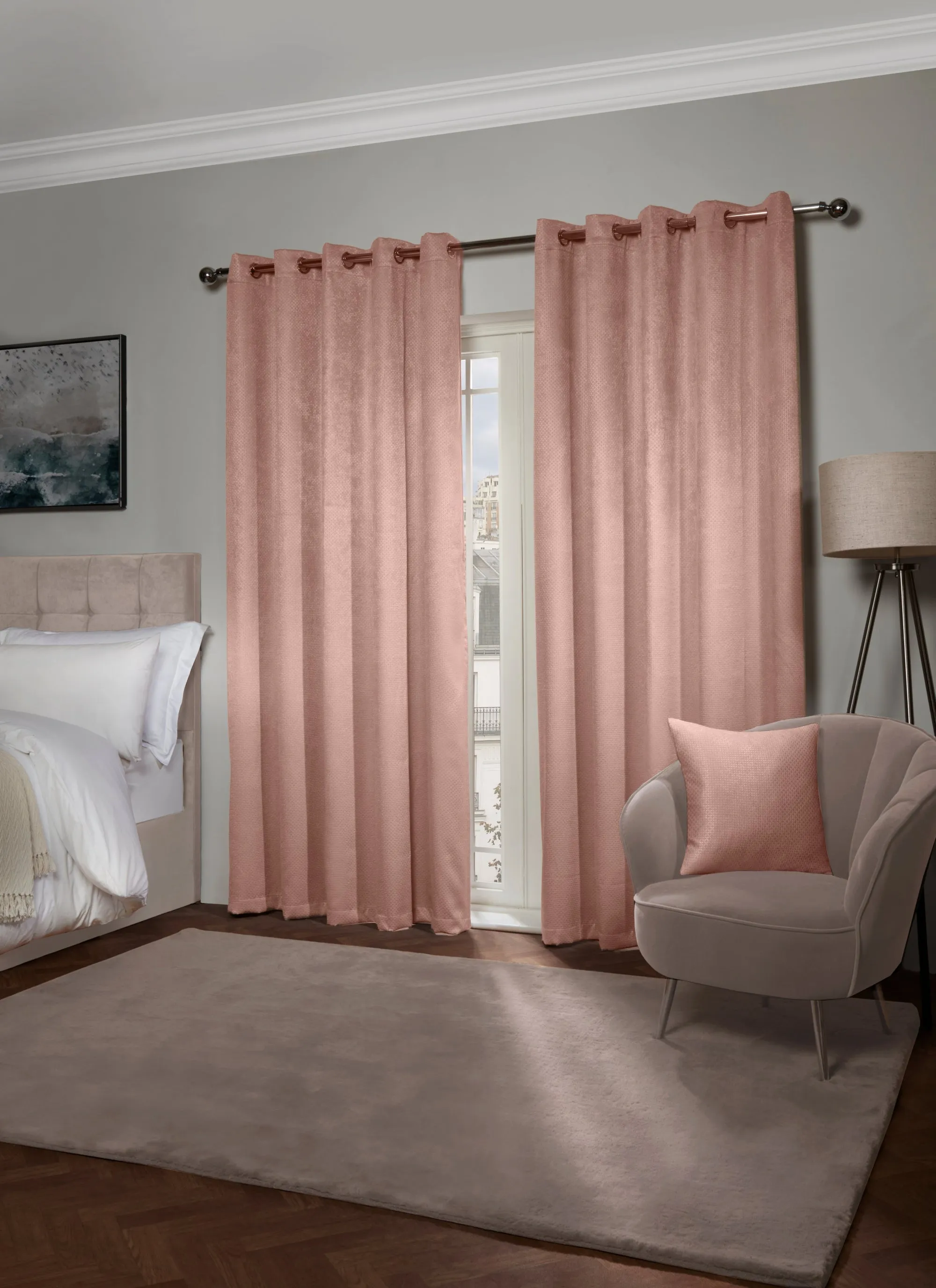 Ambiance Thermal Blackout Eyelet Curtains 3D Embossed Curtains With Reflective Reverse Weave in Blush Pink