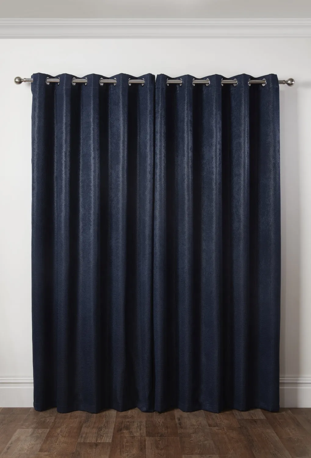 Ambiance Thermal Blackout Eyelet Curtains 3D Embossed Navy Curtains With Reflective Reverse Weave