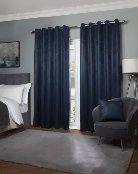 Ambiance Thermal Blackout Eyelet Curtains 3D Embossed Navy Curtains With Reflective Reverse Weave