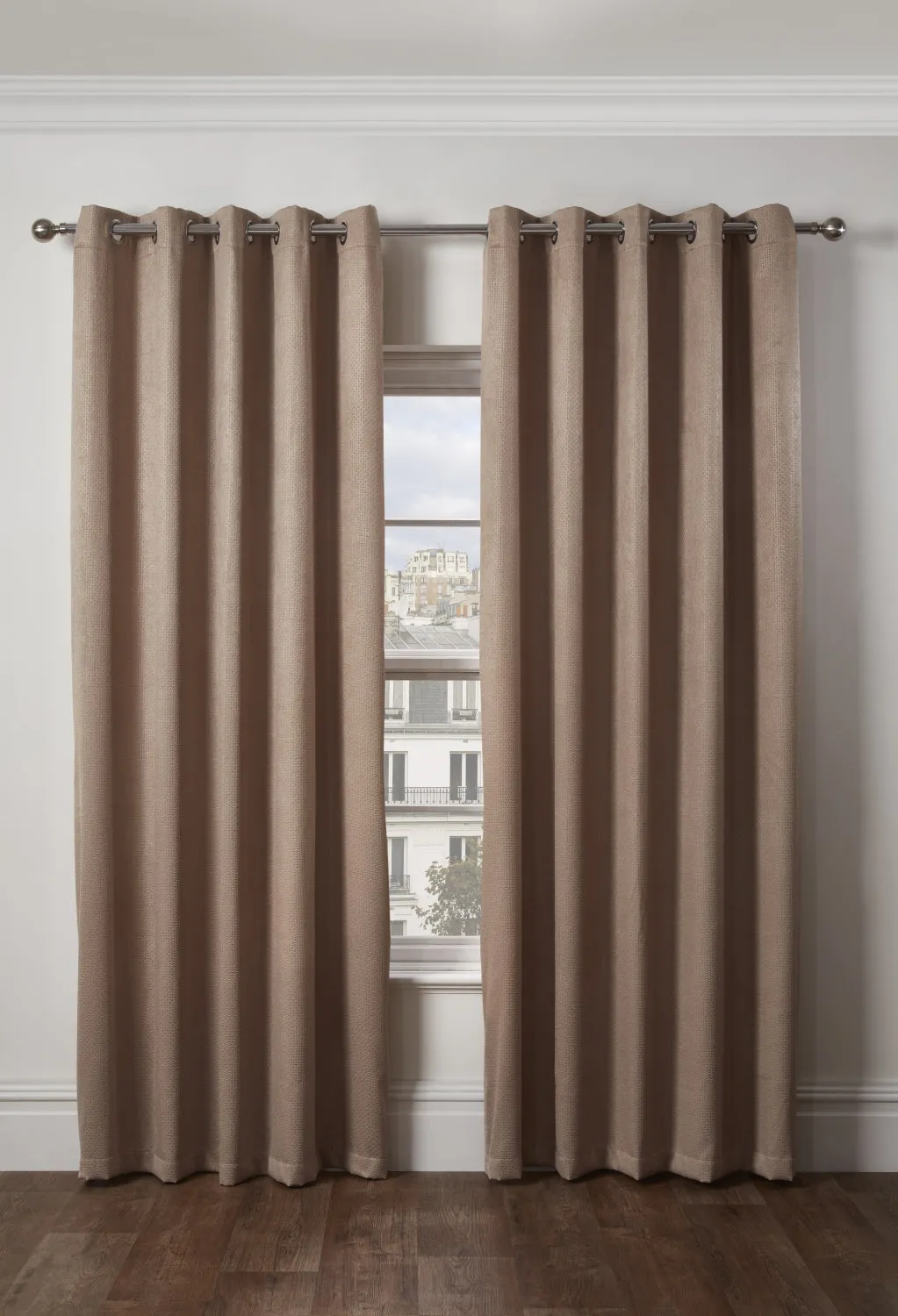 Ambiance Thermal Blackout Eyelet Curtains 3D Embossed Taupe Curtains With Reflective Reverse Weave