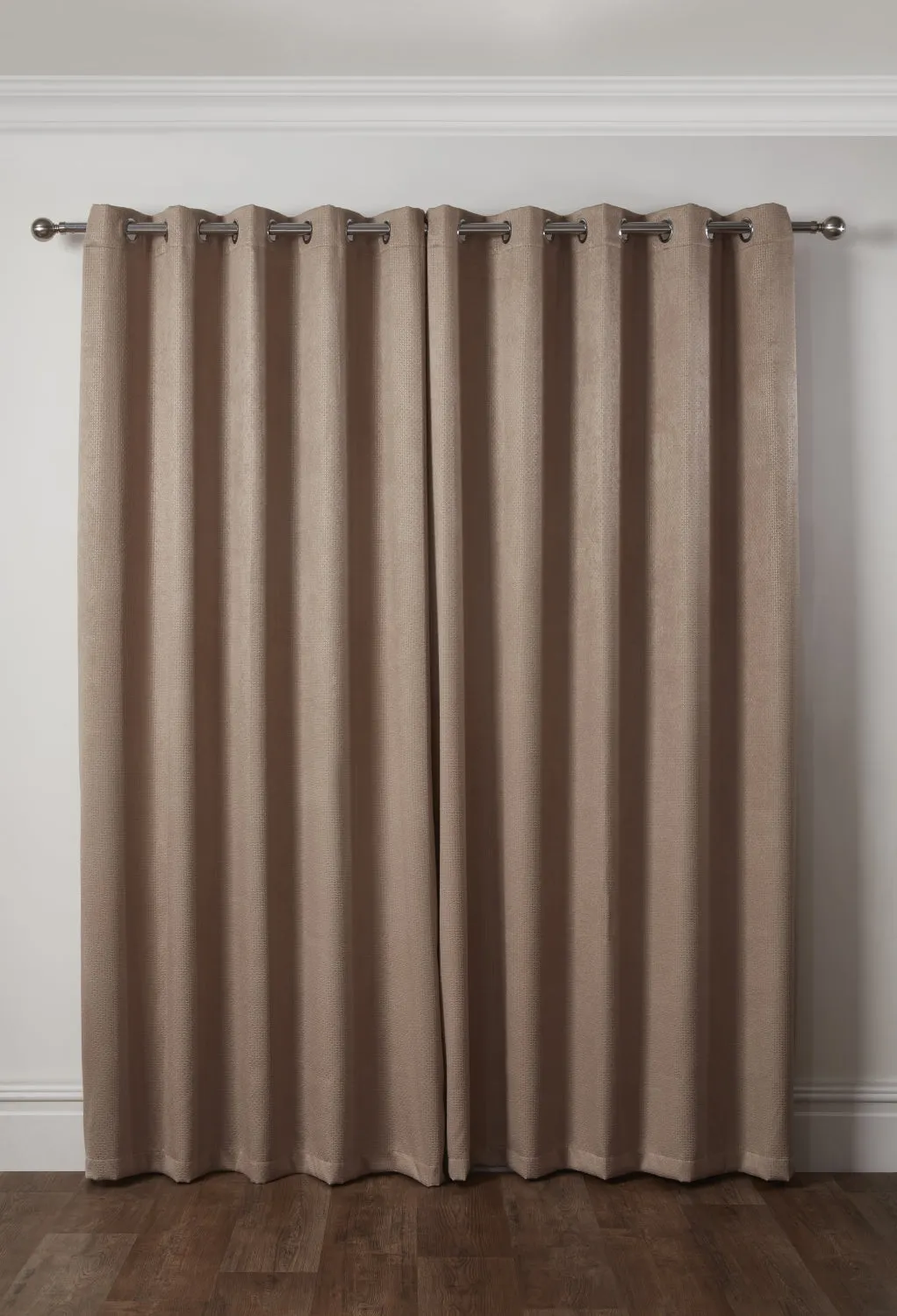 Ambiance Thermal Blackout Eyelet Curtains 3D Embossed Taupe Curtains With Reflective Reverse Weave