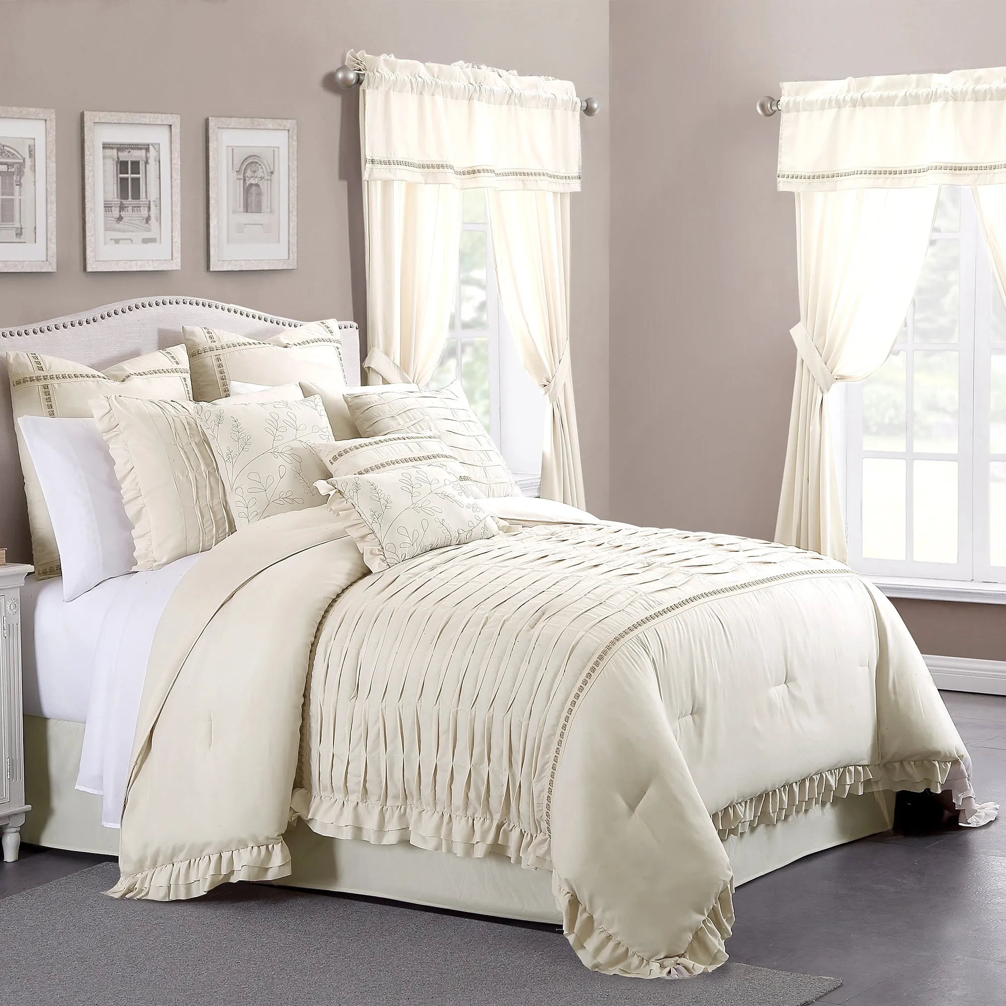 Angers 24 Piece Ultra Plush Polyester King Size Comforter Set The Urban Port, Cream