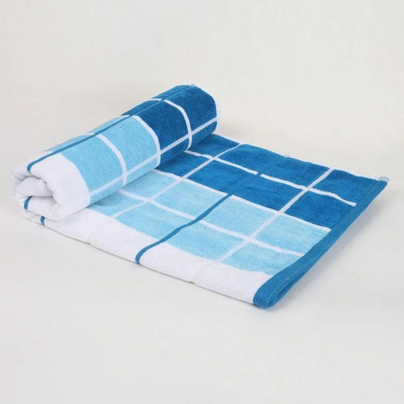 Aqua Checkmate Bath Towel (Grey & Blue) - Set Of Two