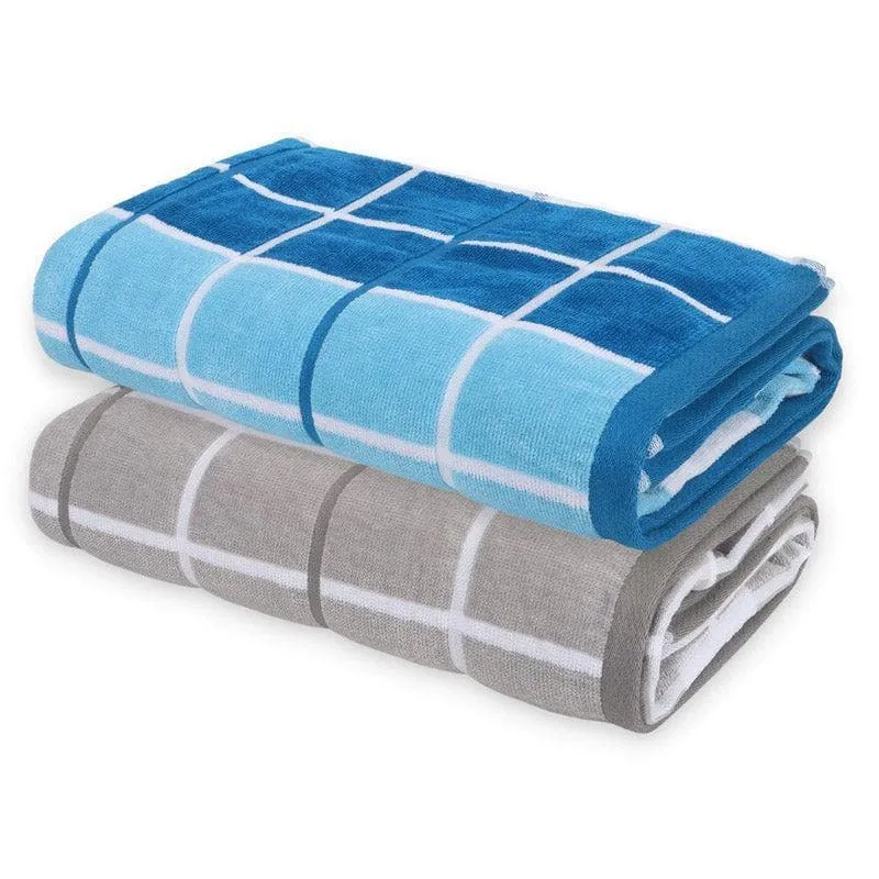 Aqua Checkmate Bath Towel (Grey & Blue) - Set Of Two