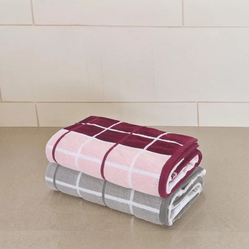 Aqua Checkmate Bath Towel (Pink & Grey) - Set Of Two