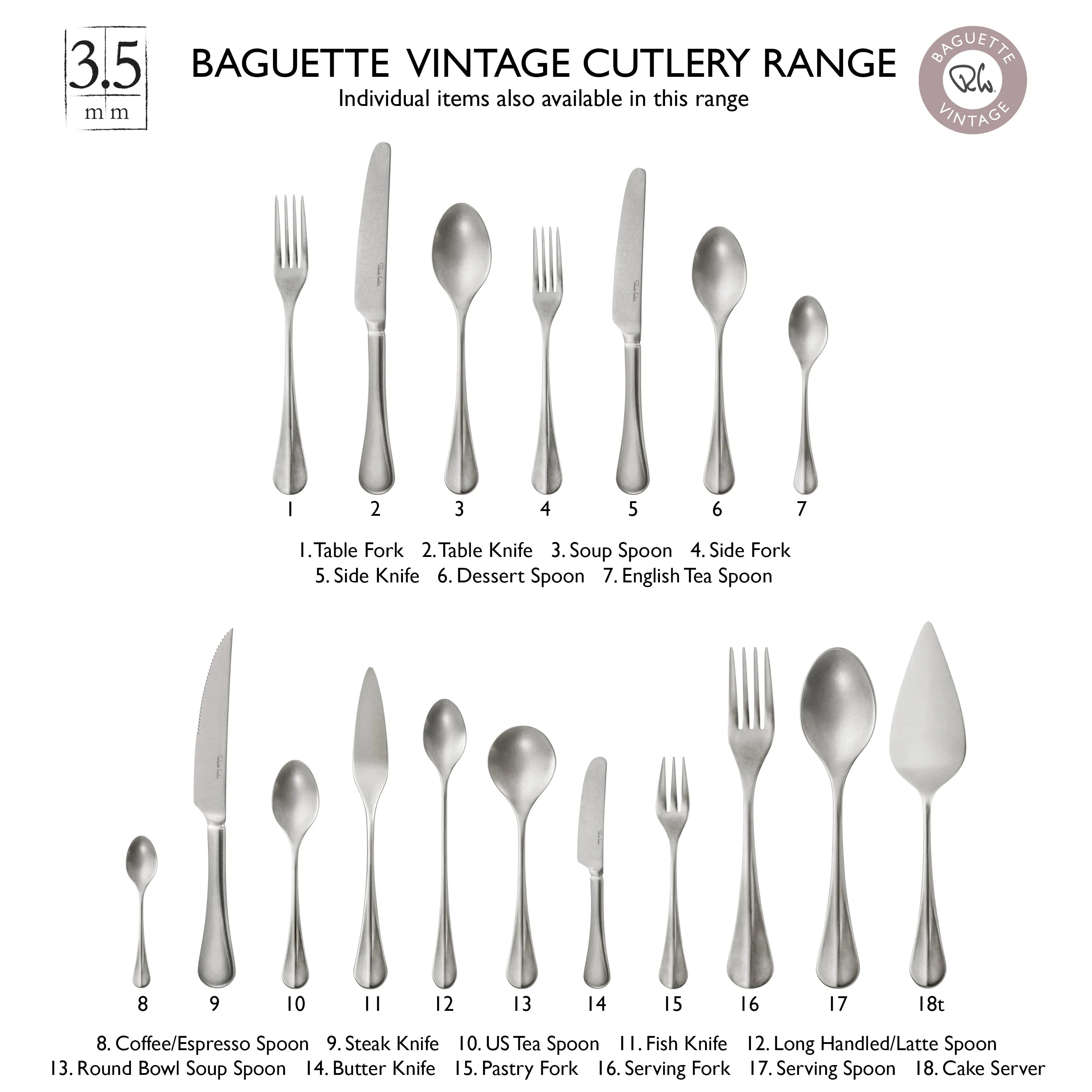 Baguette Vintage Cutlery Set, 42 Piece for 6 People - 6 Free Steak Knives