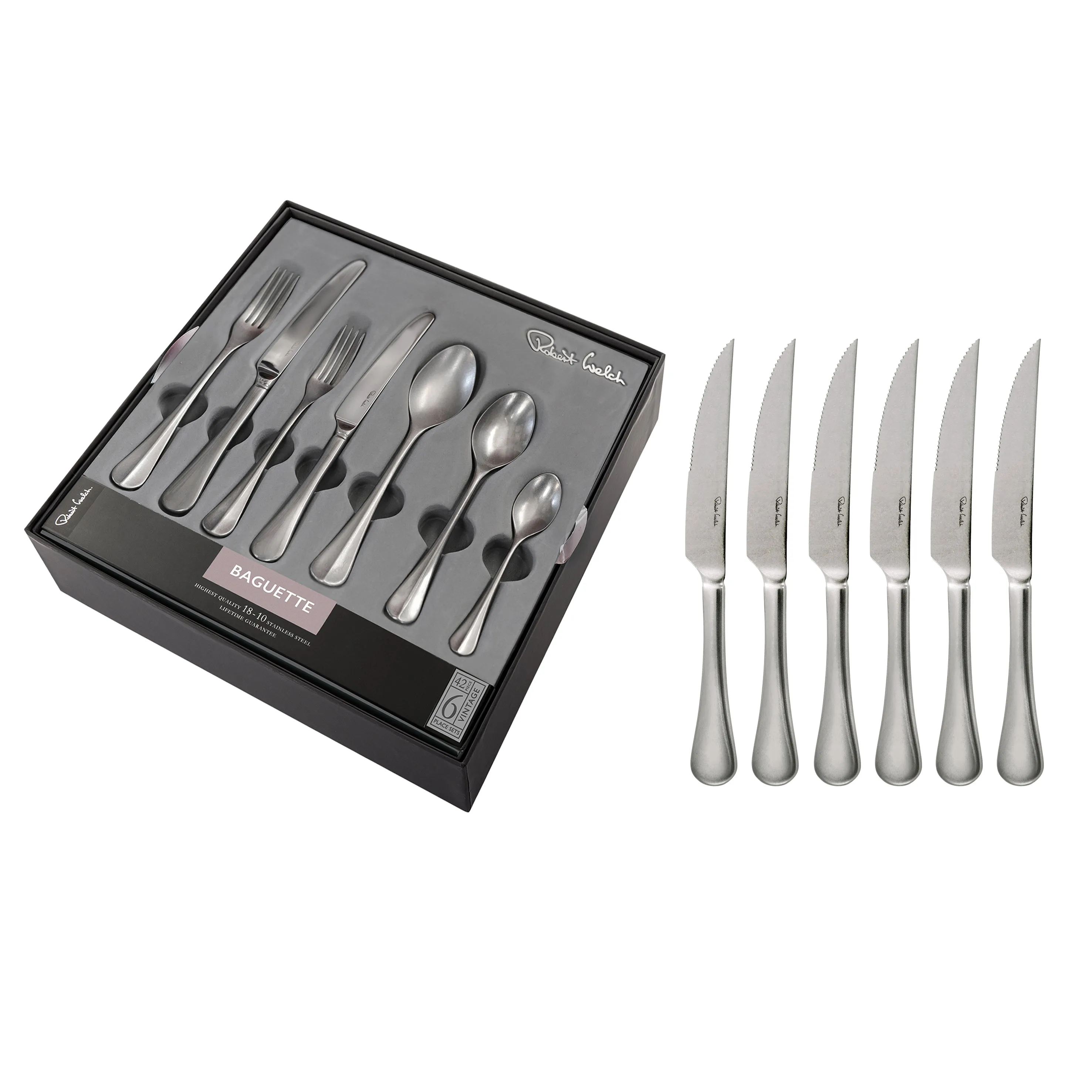 Baguette Vintage Cutlery Set, 42 Piece for 6 People - 6 Free Steak Knives