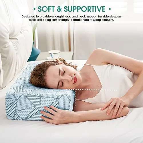 BETU Cooling Cube Pillow for Side Sleeper,Memory Foam Pillows for Pain Shoulder and Neck Support,Square Bed Firm Soft Pillows for Sleeping Head Cervical Pillows with Cover (24"x12"x4", Thin,Blue)