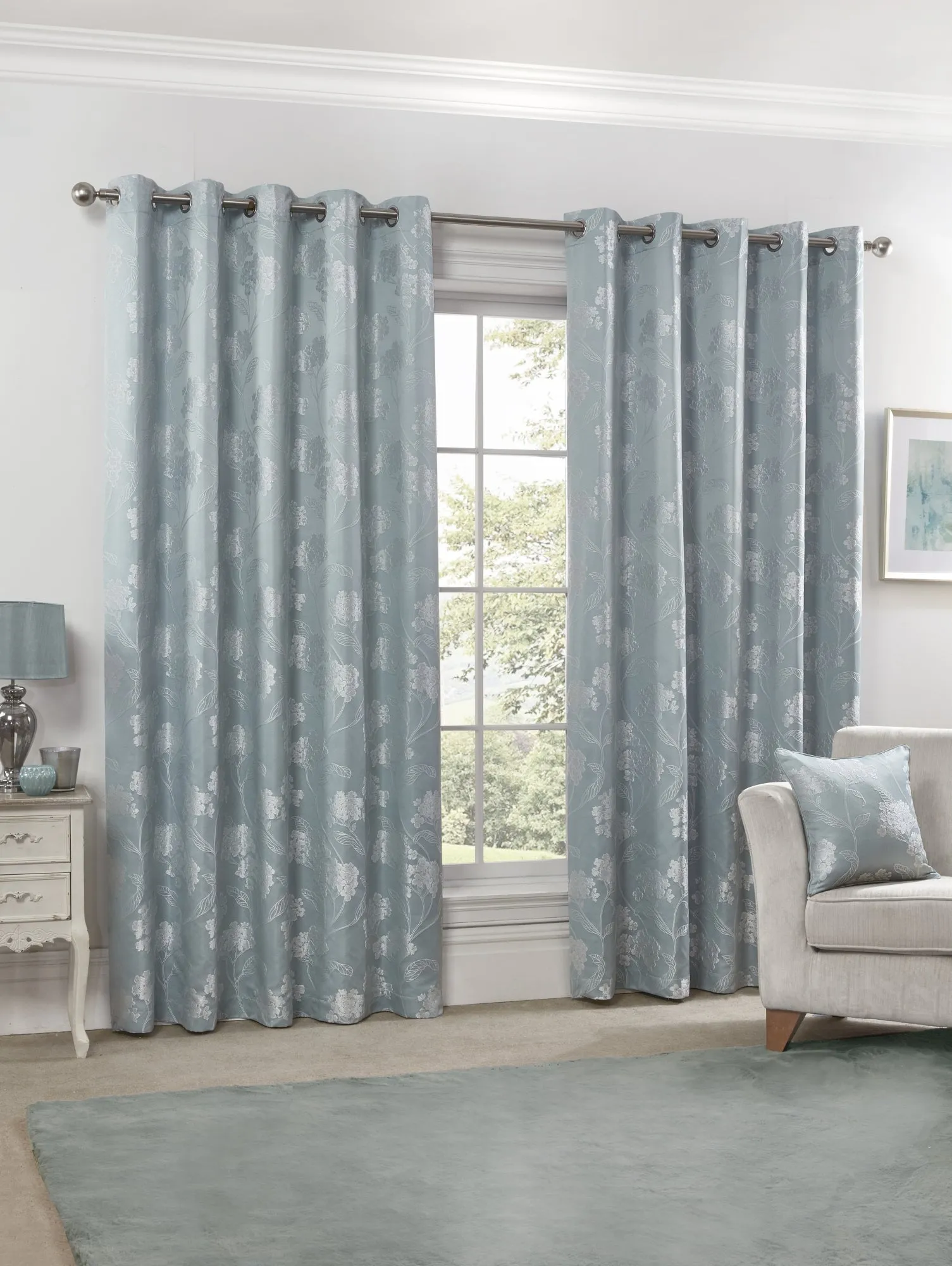 Blossom - Lined Eyelet Jacquard Curtains in Duck Egg