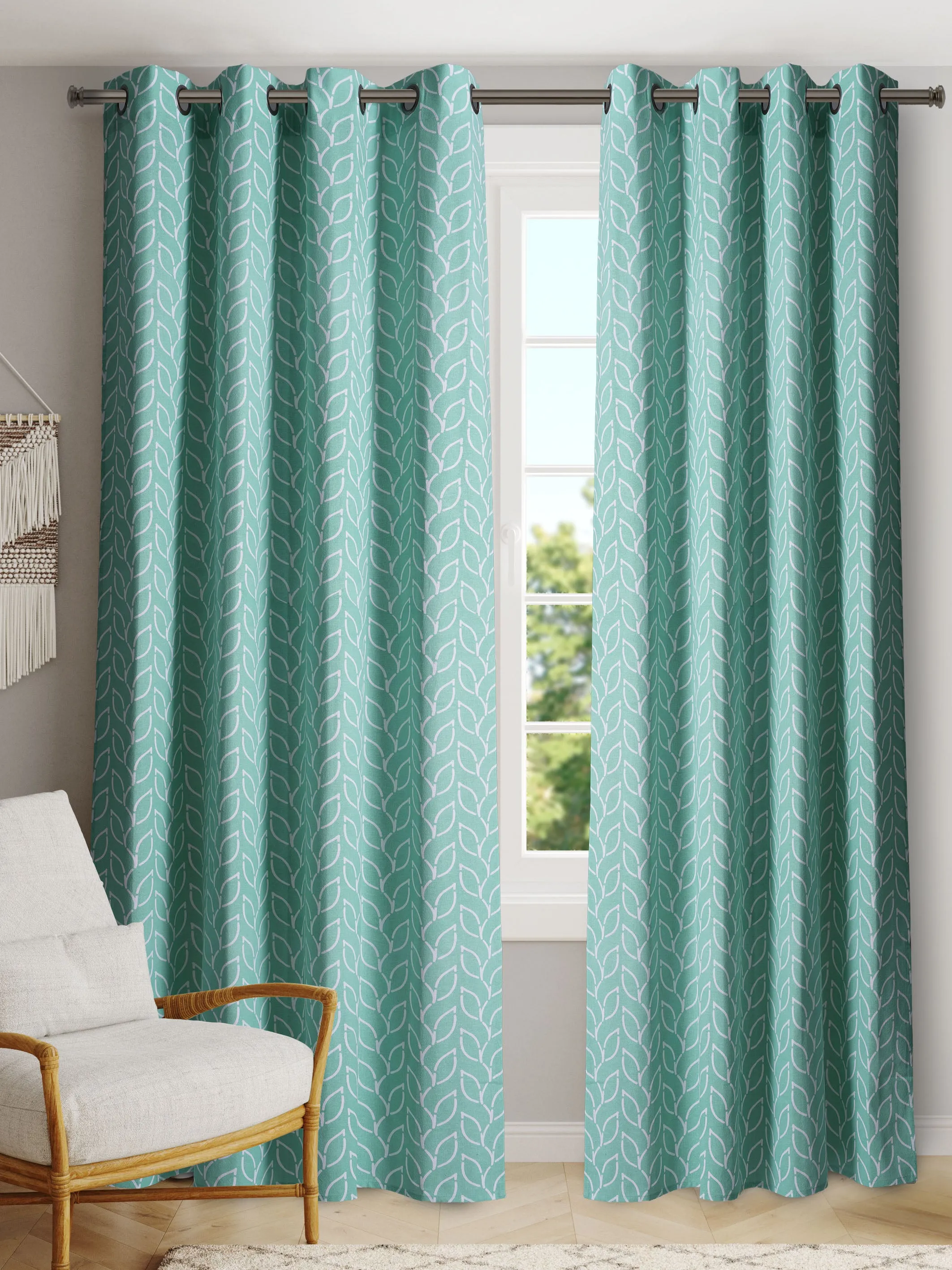 Branchlet Aqua Polyester Cotton Printed Curtain