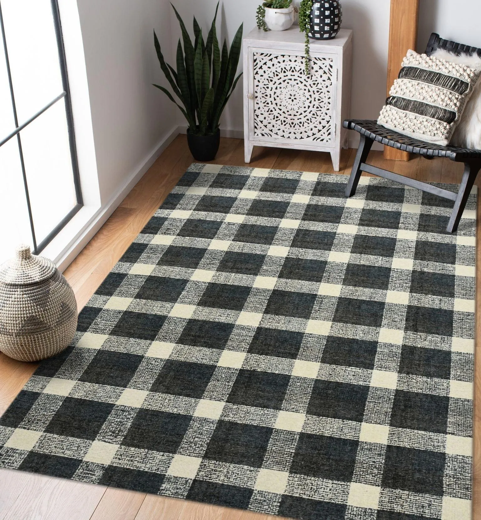 Charcoal Wool Tartan 8X10 Feet Hand-Tufted Carpet Rug