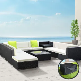 Chester 10-Seater Outdoor Set Furniture Wicker 11-Piece Sofa with Storage Cover - Black