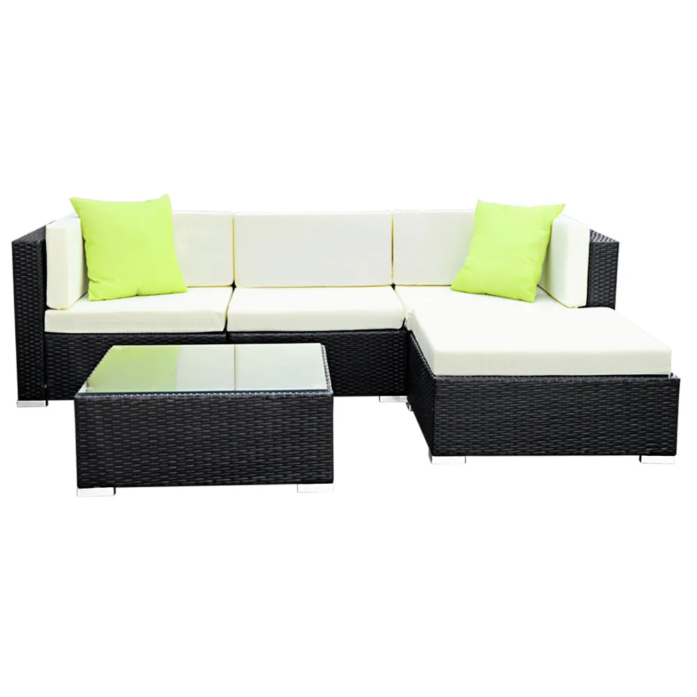 Chester 4-Seater Furniture Set Wicker Garden Patio Pool Lounge 5-Piece Outdoor Sofa - Black