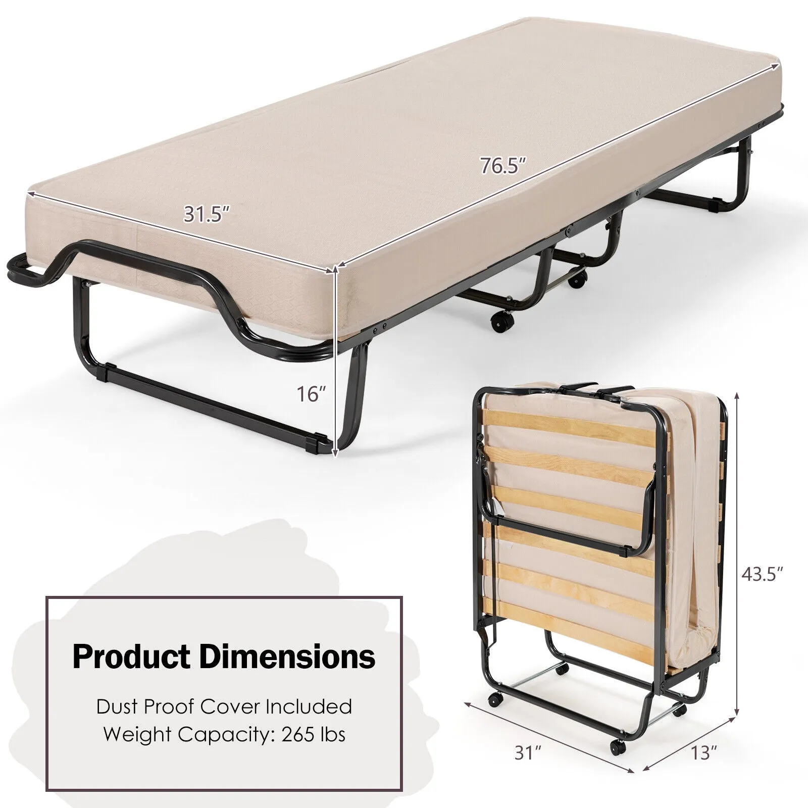 Costway Folding Bed Rollaway 76.5" x 31.5" Memory Foam Mattress Steel Frame with Dust-Proof Bag New