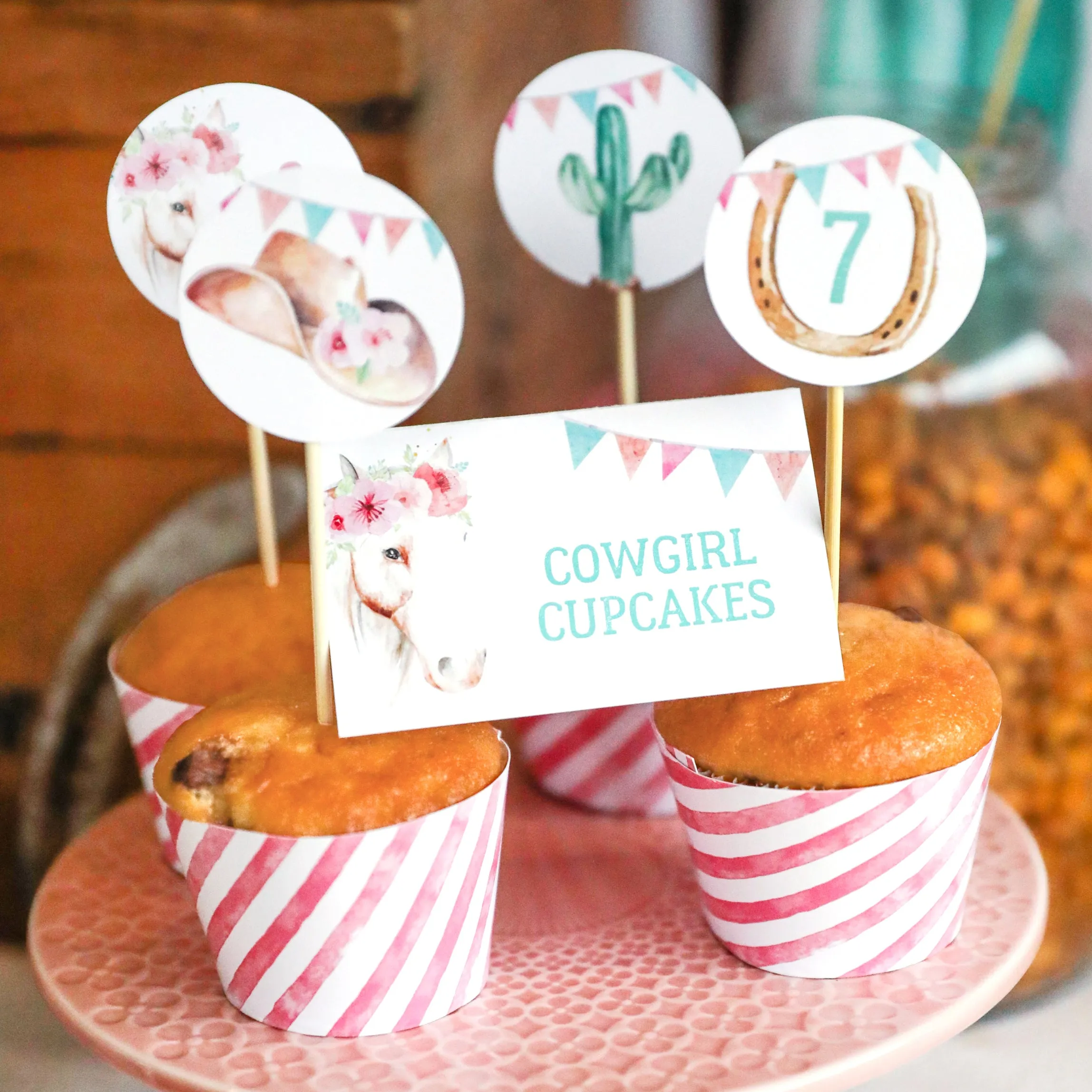 Cowgirl Birthday Party Cupcake Topper, Cupcake Wrappers   Food Labels